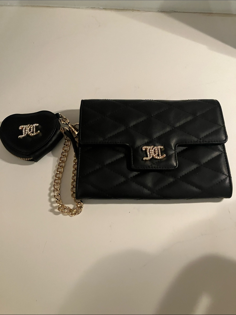 Juicey Contour Quilted Black Chain Wallet Wristlet with Coin Pouch